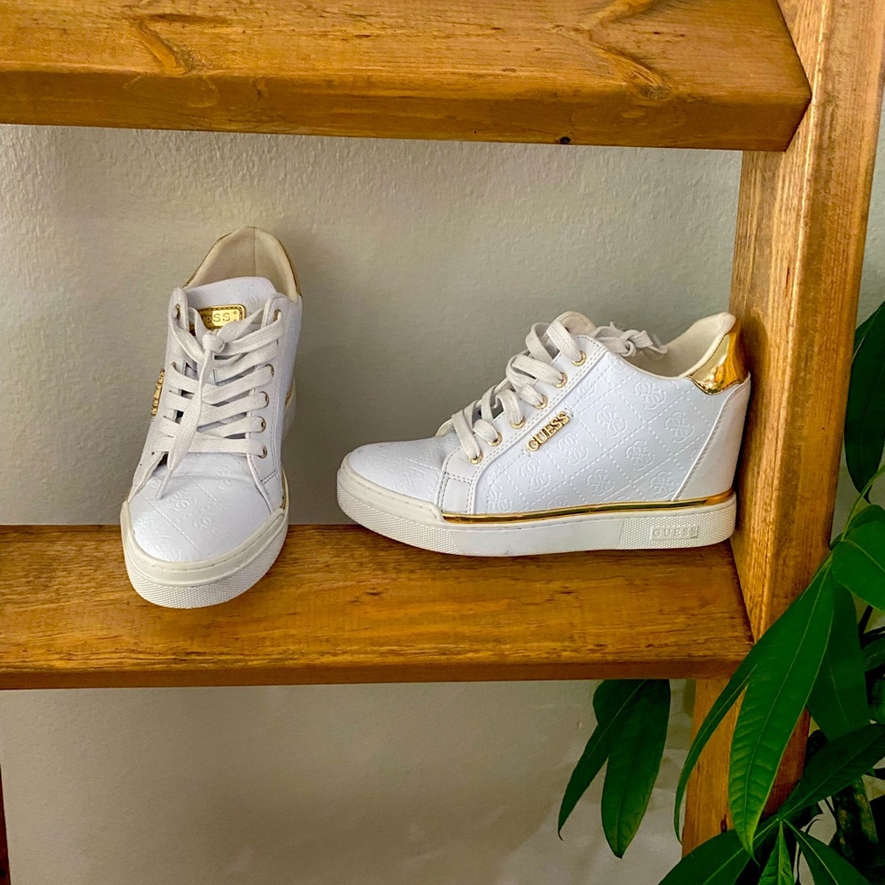 Guess Leather White and Gold Wedge Sneakers.